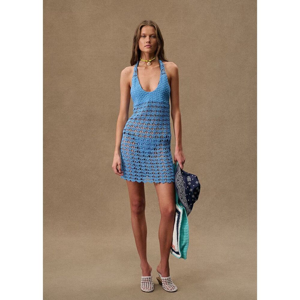 ALL THAT REMAINS for FWRD Donna Mini Crochet Dress in Baby Blue Size 4‎ NWT